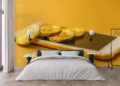 coins and phone on the table Wall mural