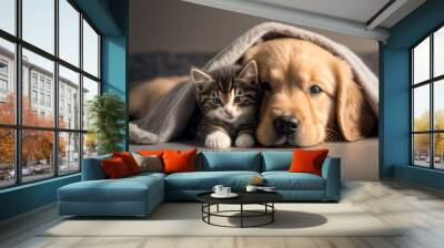 Friendship of puppy and kitten - golden retriever puppy and kitten cuddling under a blanket cuddle Wall mural