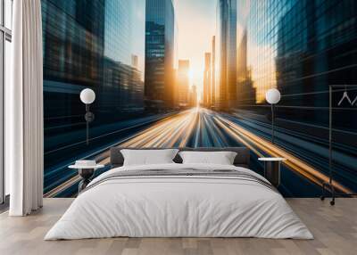 Highway with a sense of speed in the city center at sunrise and sunset Wall mural