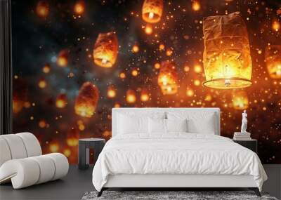 Sky filled with glowing lanterns drifting upwards, , Design for poster, banner, greeting card, and invitation  Wall mural