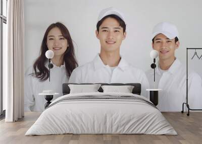 Three people 2 men and 1 woman standing side by side against a plain gray background. wearing white attire. Smiling and facing the camera directly Wall mural