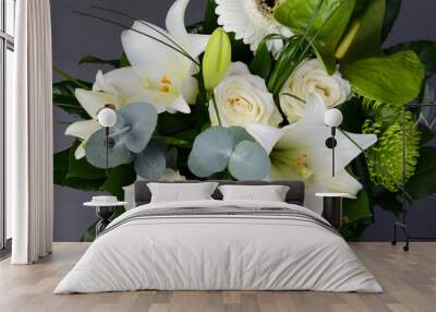 beautiful bouquet of white flowers with roses, lily and daisy Wall mural