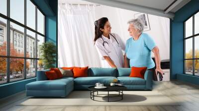 cheerful young rehab nurse helping elderly woman using a walker Wall mural