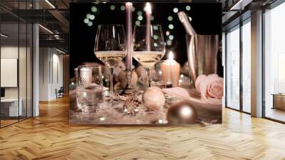 christmas eve party table with wine glass and glitter season's greeting decoration Wall mural