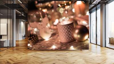 christmas eve party table with wine glass and glitter season's greeting decoration Wall mural