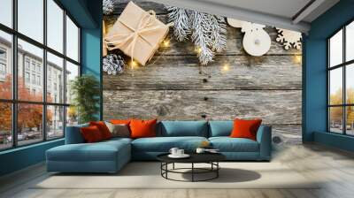 christmas wooden natural decoration ornament wide horizontal banner with copyspace Wall mural