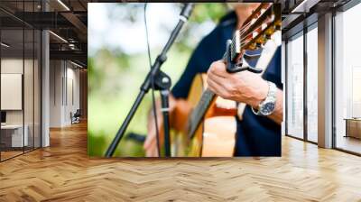 closeup detail of hand playing folk guitar outdoor summer festival Wall mural