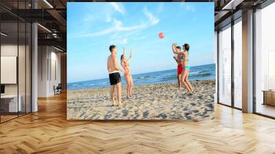 four young people man and woman playing beach volley together by the sea in sunny summer vacation day Wall mural