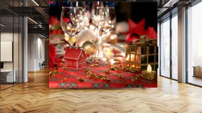 gold and red christmas table decoration with dim light candle Wall mural