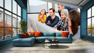 group of five young people student with teacher in computer school classroom learning programming with desktop computer in a row Wall mural