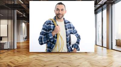 handsome young caucasian man construction worker electrician isolated on a white background Wall mural