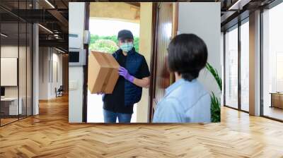 portrait of handsome male delivery man delivering parcel to female client at home with mask gloves  and protection glasses against covid19 coronavirus virus infection Wall mural