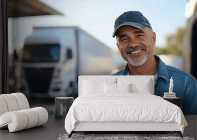 A truck driver, a man between 45 and 50 years old, standing and smiling warmly at the camera with a friendly and approachable demeanor. Wall mural