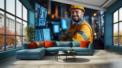 Portrait happy smiling male engineering technician on the industrial control room Wall mural