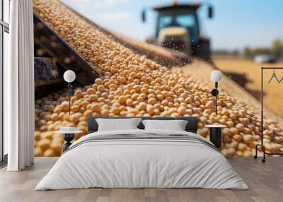 Pouring soy bean grain into tractor trailer after harvest at field. Wall mural