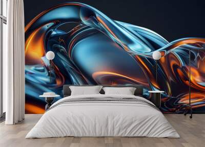 3D abstract art background with blue glass wave shimmering orange with smooth curves on black background. Wall mural