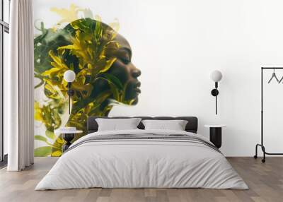 Dark-skinned girl and ylang ylang flowers on white background. Banner or business card design. Aromatherapy session, sale of natural oils and perfumes. copyspace. Wall mural