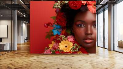 Floral spring concept of fresh spring bright flowers on the face and body of a young dark-skinned attractive girl on a red background. Abstract portrait. Wall mural