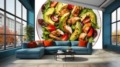 Fried egg, bacon and avocado. Low-carbohydrate, low-sugar diet. Healthy food. Salad plate with colorful tomatoes, steak and avocado Wall mural