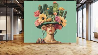 Photo collage girl in a hat on her head and cacti. Blooming cacti on a woman's head. Surrealistic portrait on a green background. Wall mural