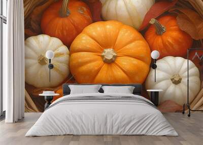 Pumpkin composition, texture. Orange and white decorative pumpkins. Harvest Wall mural