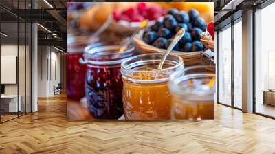 Sweet jam in glass jars with ripe berries on wooden table Wall mural