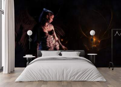 Fallen angel on a dramatic dark background with fire. 3D Illustration. Wall mural