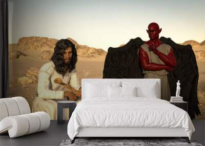 Jesus in the desert is tempted by the devil. Matthew Gospel 4: 3. 3d illustration. Wall mural