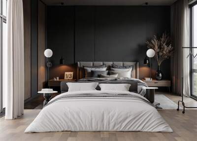 Concept photo of minimalist dark bedroom interior Wall mural