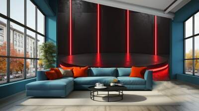 3d render, black background with red light lines and podium for product presentation, Wall mural