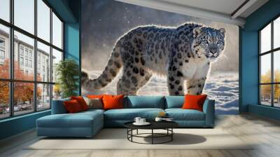 Leopardo delle nevi in inverno Wall mural