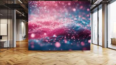 Sfondo digitale astratto con particelle e luci colorate rosa e blu con onde  Wall mural