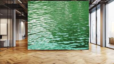 A serene view of a tranquil green water surface reflecting natural light, ideal for relaxation and nature-themed projects. Wall mural