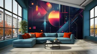 An abstract geometric pattern with vibrant colors, shapes, and lines creating a modern digital art design. Wall mural