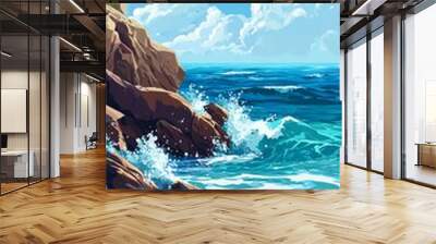 Vibrant coastal scene featuring crashing waves, rocky shore, and a bright blue sky adorned with fluffy clouds. Wall mural