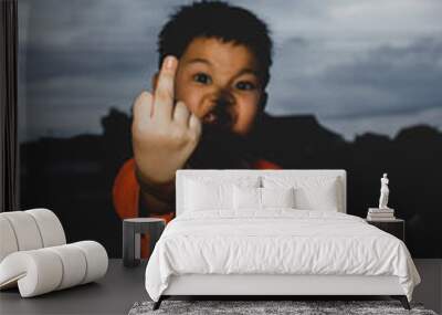 Portrait of angry boy showing middle fingers doing fuck you bad expression. Wall mural