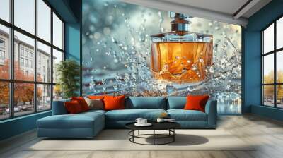 A bottle of perfume with a beautiful splash of water droplets around it. Wall mural