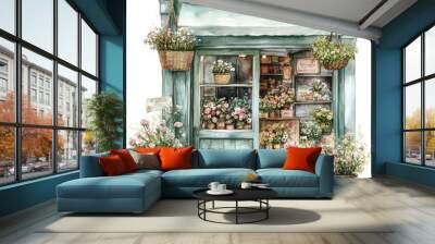 A charming flower shop with a mint-colored facade, adorned with potted plants and hanging baskets, bursting with vibrant blooms. Wall mural