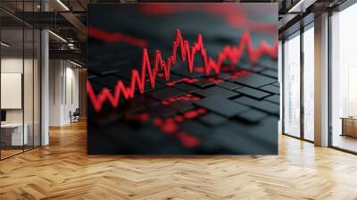 A dynamic close-up of a red graph line depicting fluctuations on a sleek, digital background, symbolizing market trends. Wall mural