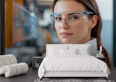 A focused woman wearing glasses and a white lab coat in a modern workspace, showcasing a blend of technology and professionalism. Wall mural