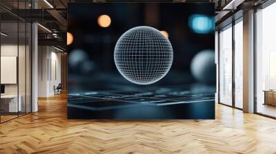 A futuristic digital sphere floats above a grid, representing technology and innovation in a sleek environment. Wall mural