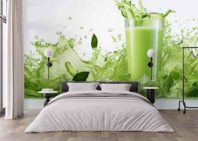 A glass of green juice with a splash of green liquid. Wall mural