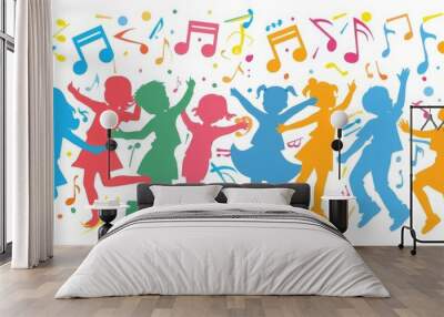 A group of children dancing happily with colorful music notes. Wall mural