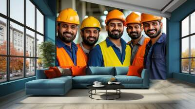 A group of five smiling construction workers in safety gear, featuring orange hard hats and vests, posed in a bright, industrial environment. Wall mural