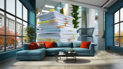 A large stack of documents on a modern office desk, highlighting a busy workplace environment with bright, natural light. Wall mural