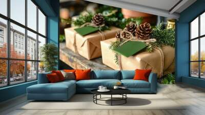 A serene display of beautifully wrapped gifts adorned with pinecones and greenery on a rustic wooden table, evoking a festive atmosphere. Wall mural