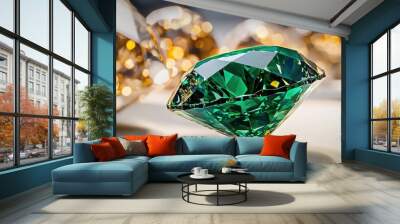 A sparkling green gemstone reminiscent of a diamond, set against a blurred background of glimmering golden gems, showcasing elegance and luxury. Wall mural