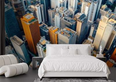 A vibrant aerial view of a bustling urban landscape filled with skyscrapers and buildings, showcasing a mix of architectural styles and greenery interspersed. Wall mural