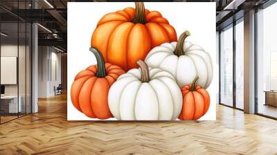 A vibrant collection of orange and white pumpkins, perfect for autumn and seasonal decor, representing harvest and festivity. Wall mural