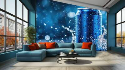 Close-up of a blue aluminum soda can with water splashes and droplets against a vibrant blue bokeh background. Refreshing beverage concept. Wall mural